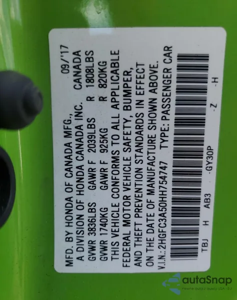 2017 Honda Civic Si from USA, damaged, VIN 2HGFC3A50HH754747